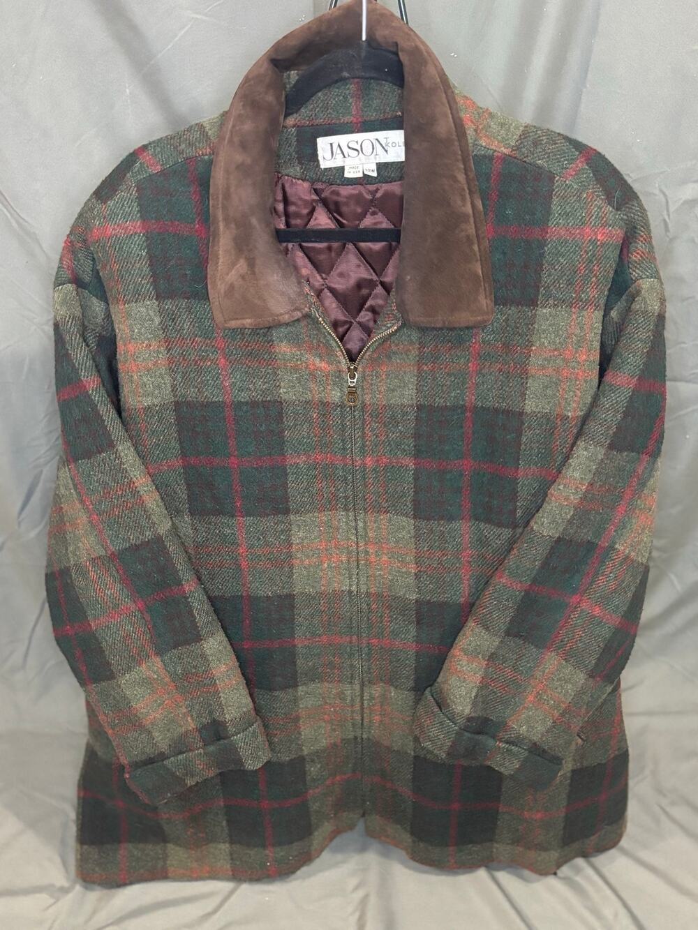 Vintage Jason Kole Plaid Wool Blend Jacket Suede Collar Quilted Lined 42W
